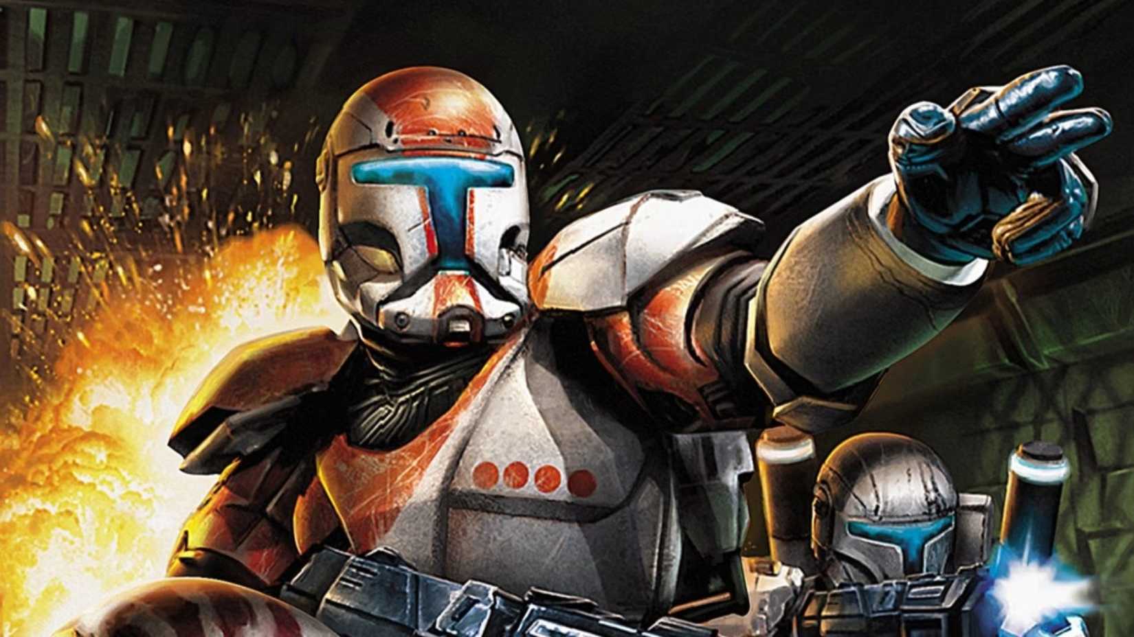 Box art of Star Wars Republic Commando showing Boss in orange and white armor leading his squad of clone commandos