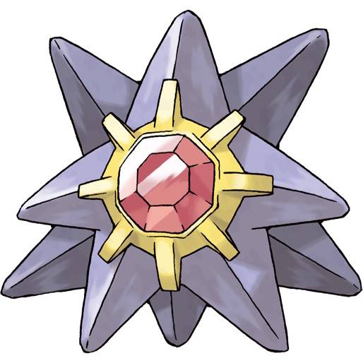 Starmie in Pokemon Leafgreen, a purple starfish like creature with another purple star behind it and a large octagonal red gem in its center