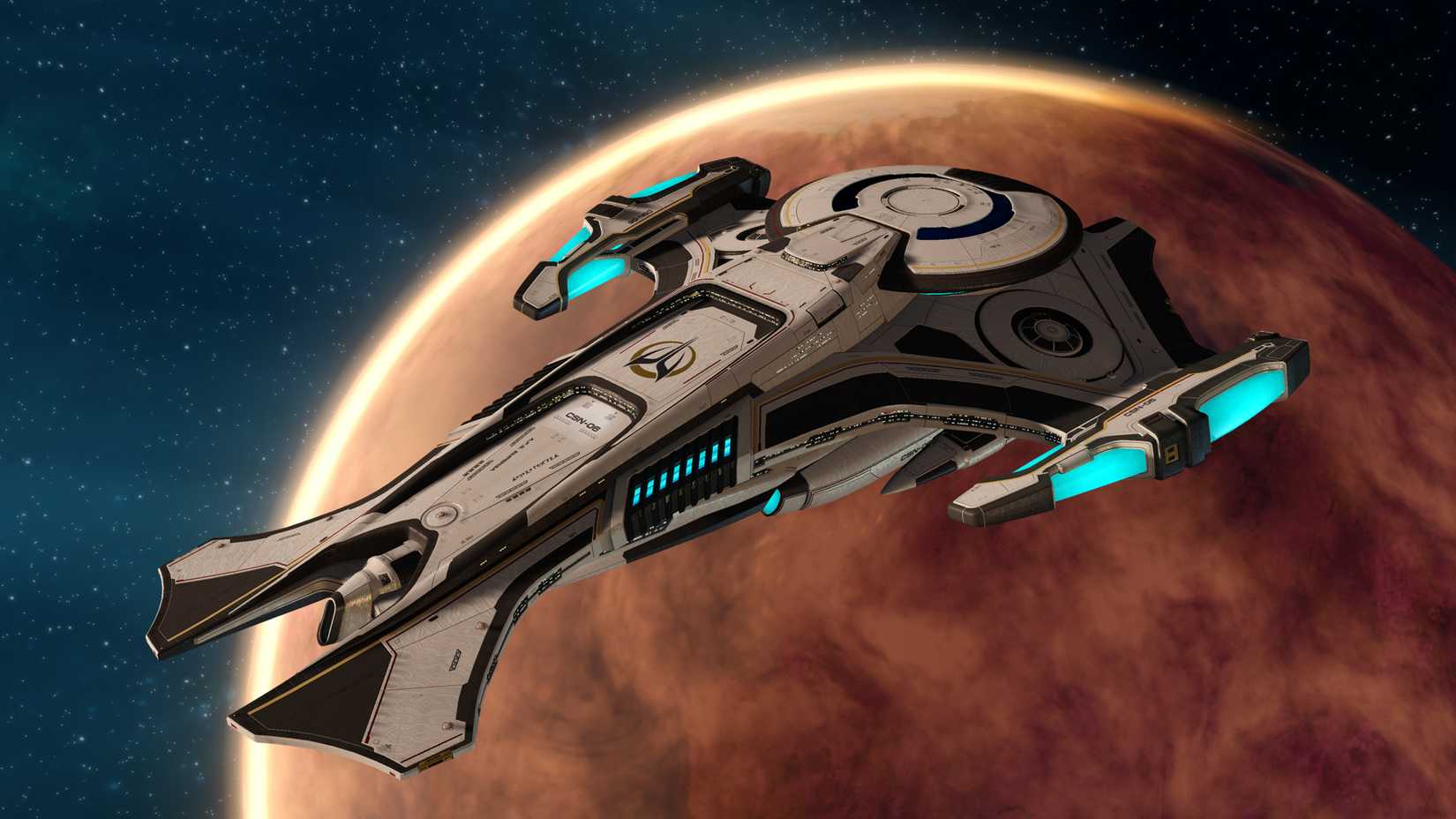 The U.S.S. Aventine orbits a vibrant planet in Star Trek Online