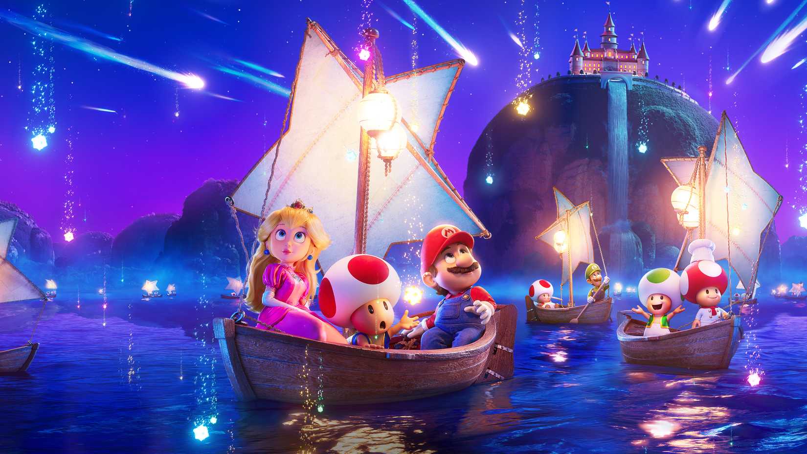 Artwork of the super mario galaxy movie, featuring Princess Peach, Toad, and Mario riding in a sailboat