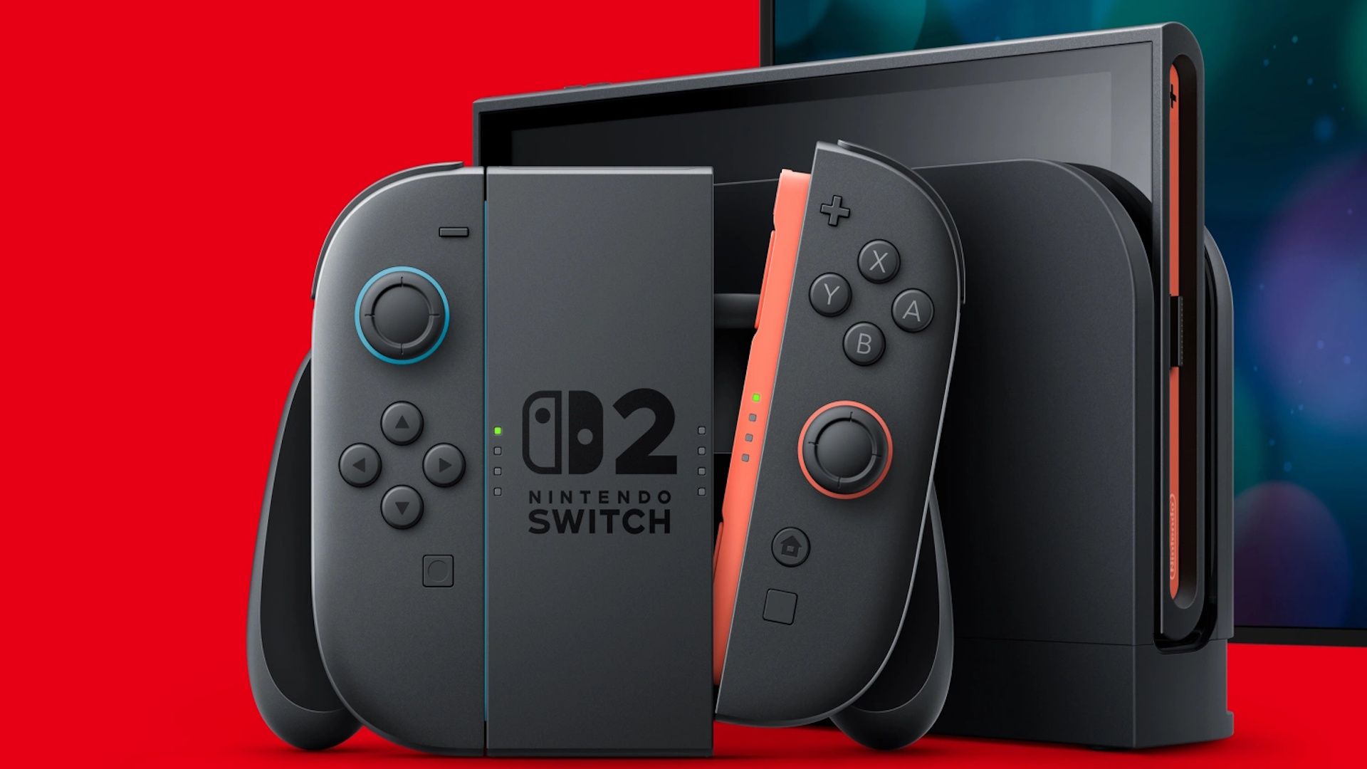 A docked Switch 2 and 2 Joy-Con in the magnetic grip