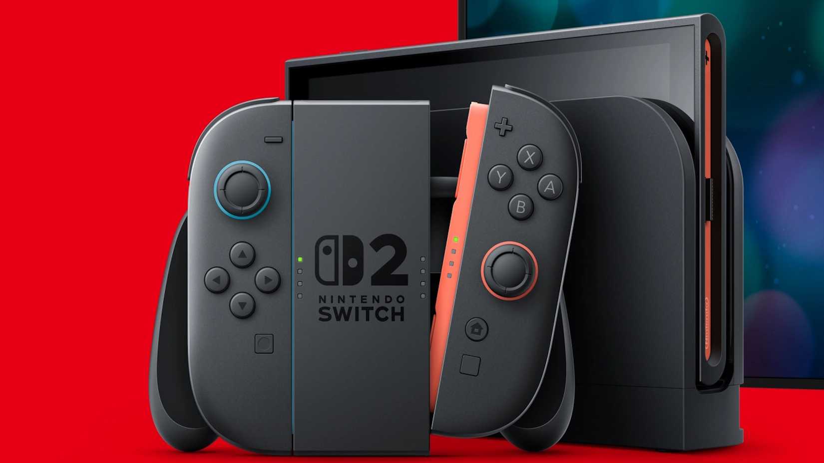 A docked Switch 2 and 2 Joy-Con in the magnetic grip