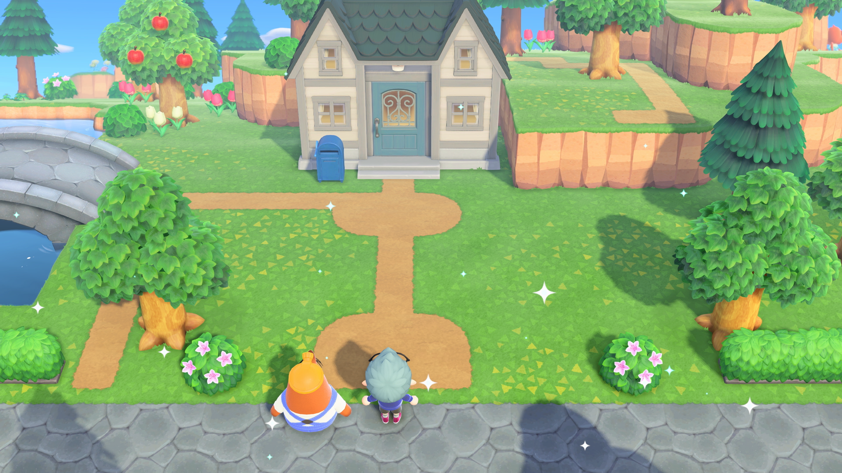 Two characters stand before the hotel in Animal Crossing: New Horizon's Switch 2 update
