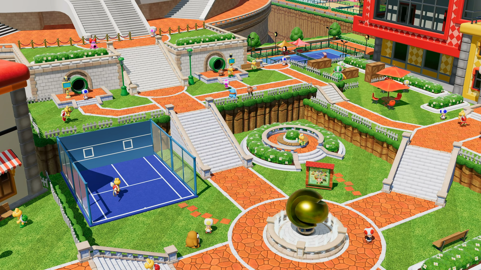 A view of the many areas of the tennis academy in Mario Tennis Fever