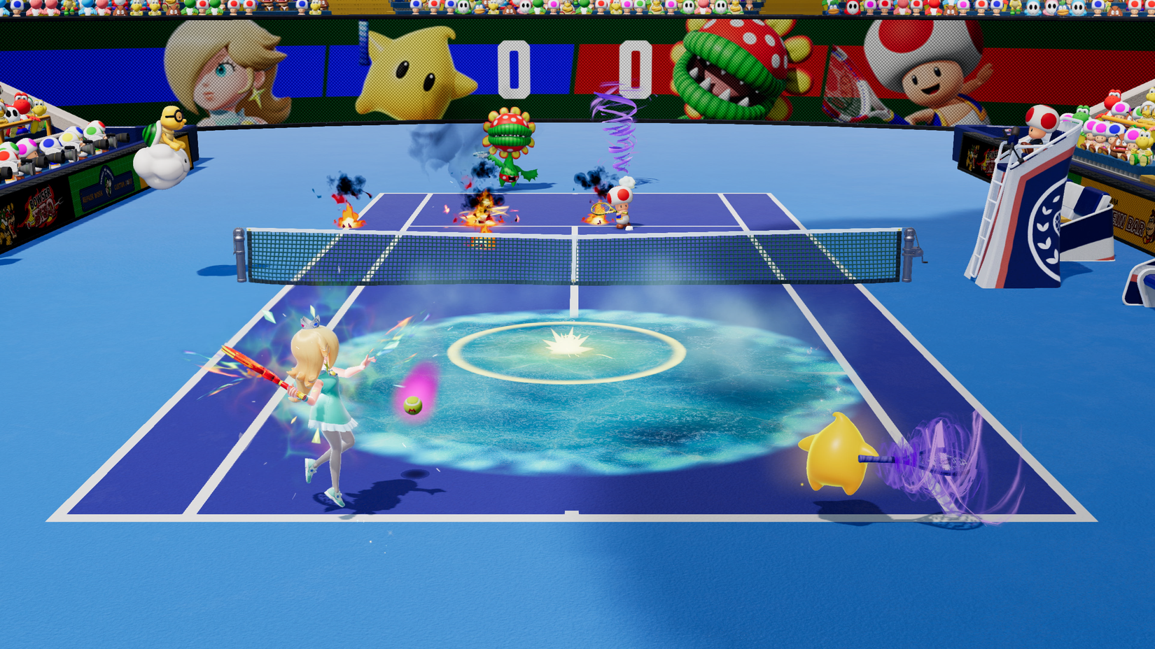 Rosalina and Luma play against Toad and Piranha Plant on a hard court in Mario Tennis Fever. The court has ice, whirlwinds, and fires on it