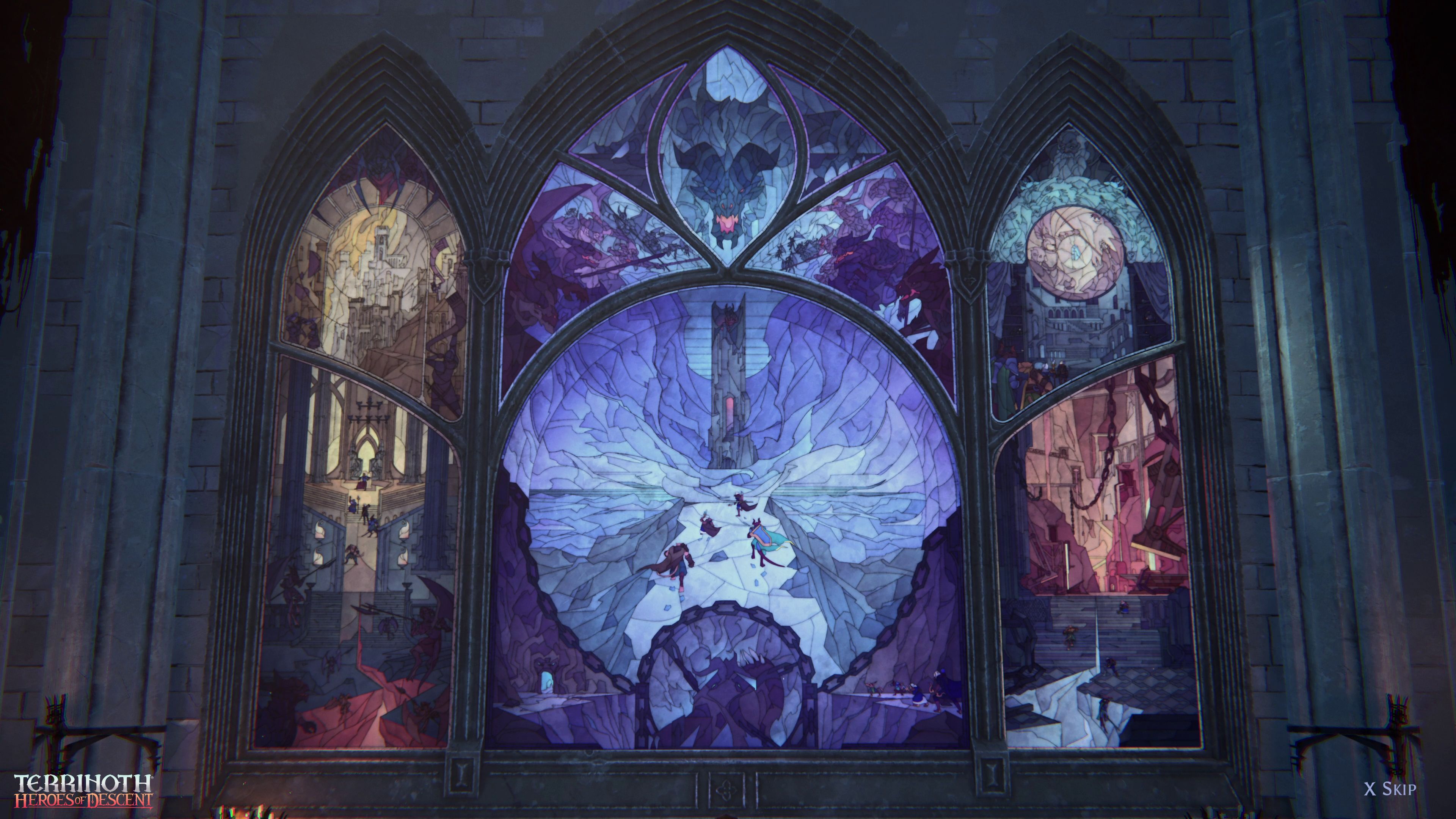 A stained glass panet shows adventurers battling dragon-like creatures and approaching a dark tower in Terrinoth: Heroes of Descent 