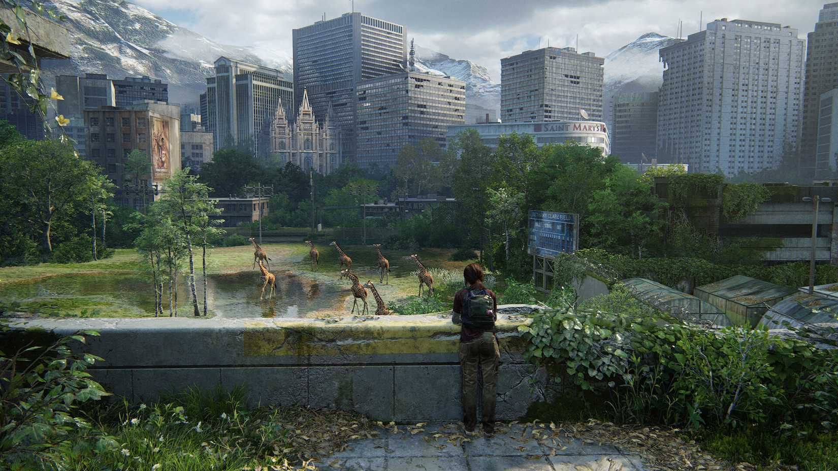Ellie watches a herd of giraffe in a overgrown city in The Last of Us