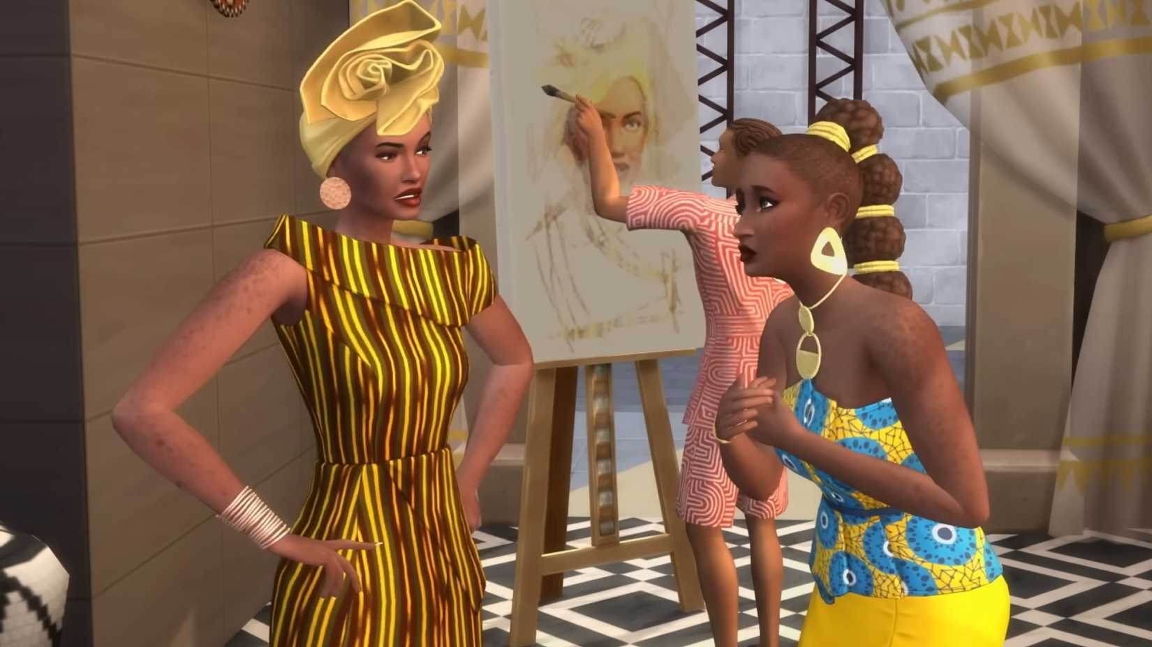 Two Black, female Sims appear to argue, as seen in The Sims 4 Dynasty & Legacy trailer. The Sim on the left looks angry, hands on her hips, while the one on the right has her hands over her heart and a pleading facial expression.