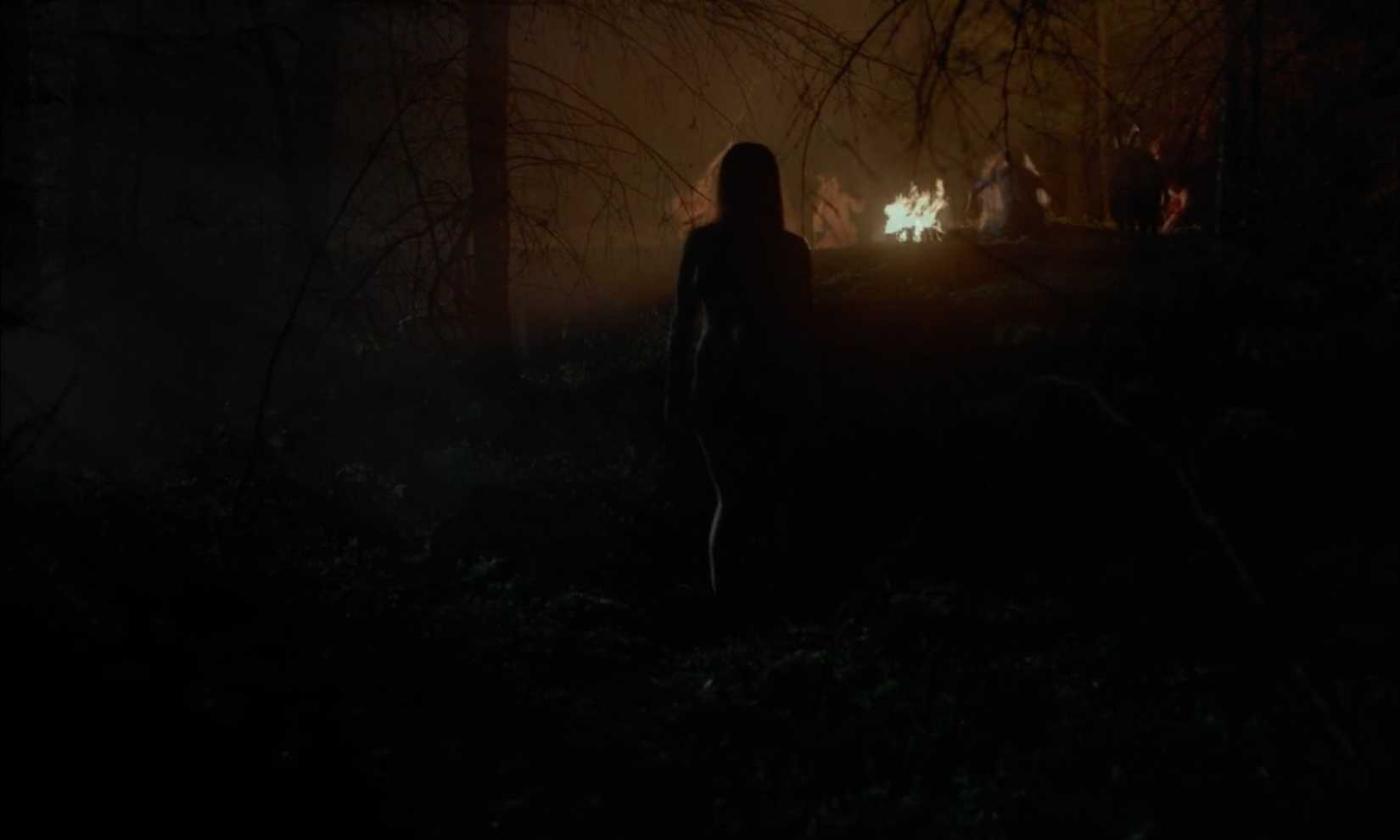In a dimly lit shot from the movie The Witch, a young woman in shadow, seen from a distance with her back to the camera, approaches a fiery gathering further in the distance.