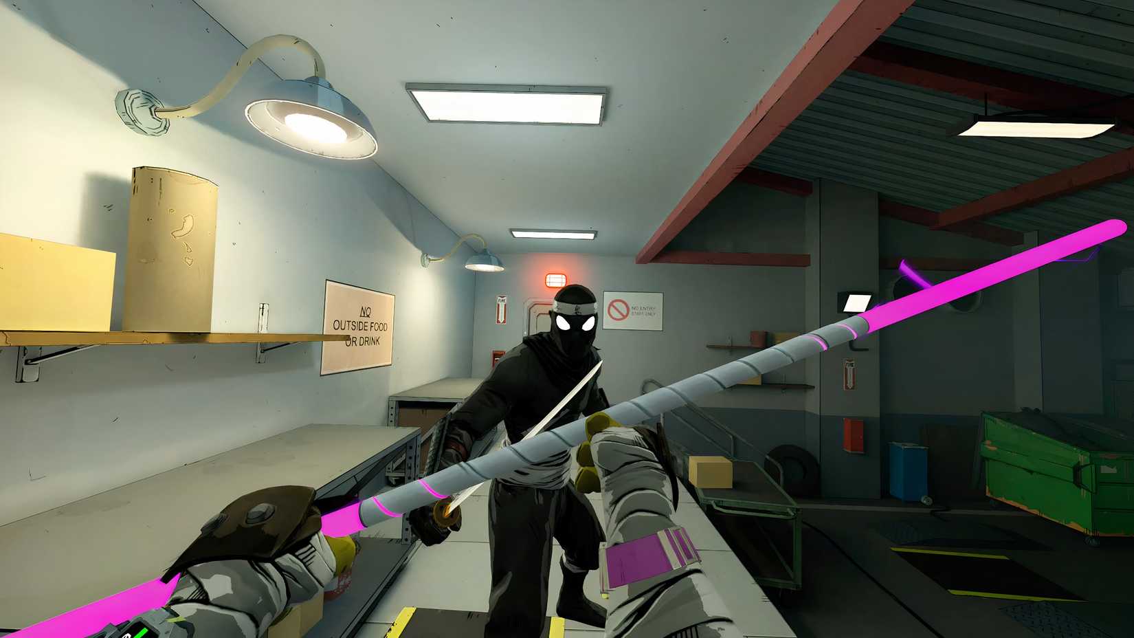 Ninja Turtle Donatello fights a member of the Foot Clan