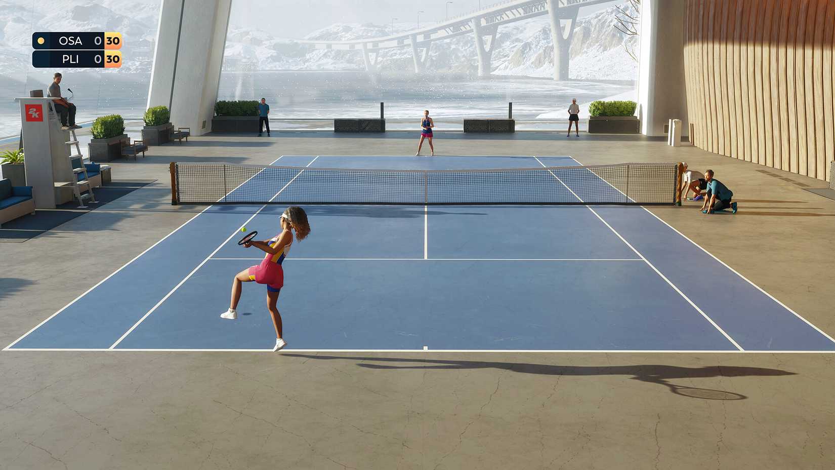 Naomi Osaka about to rip a two-handed backhand in a gameplay screenshot from TopSpin 2K25.