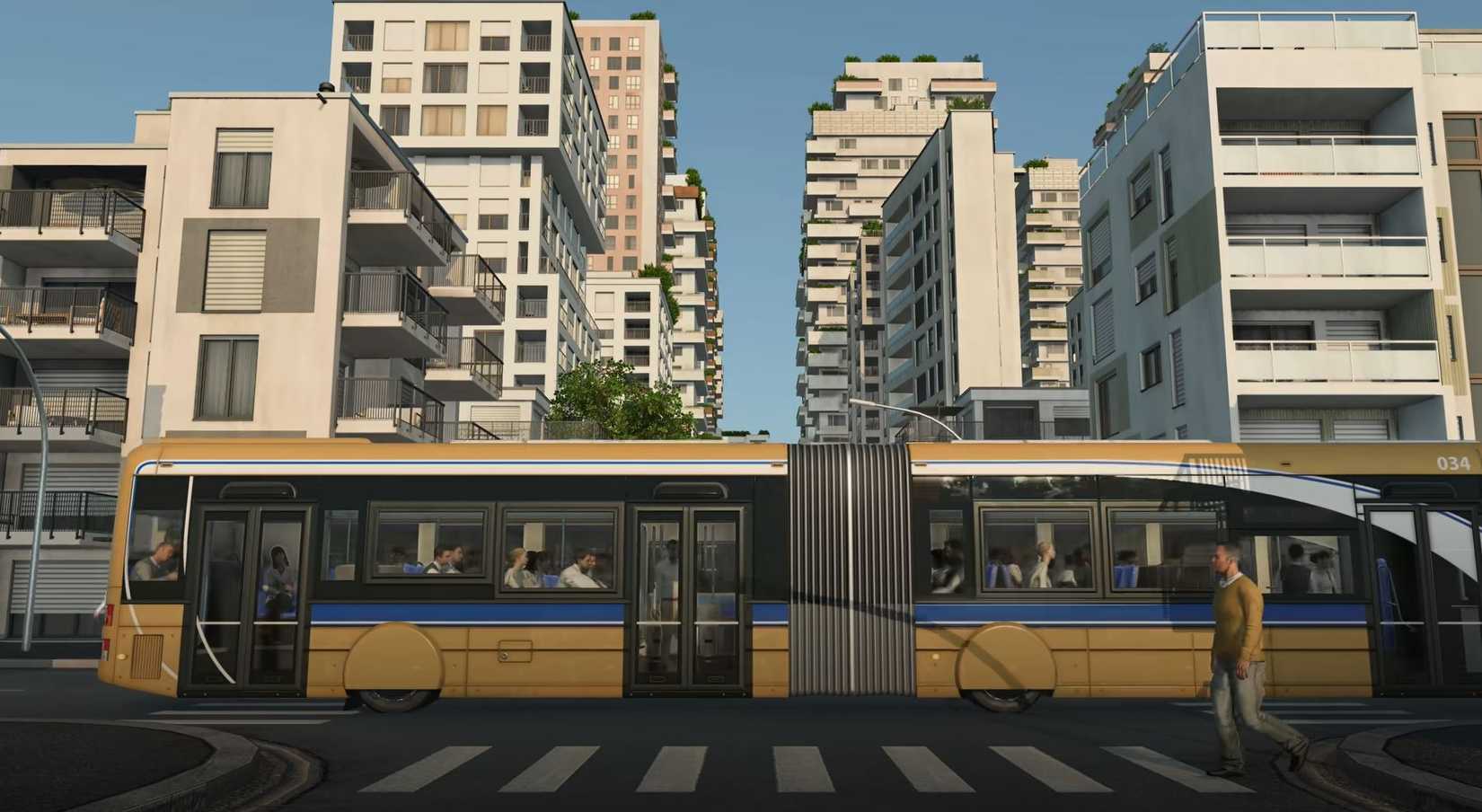 A human character in Transport Fever 3 crosses the sidewalk with a bus in the background.