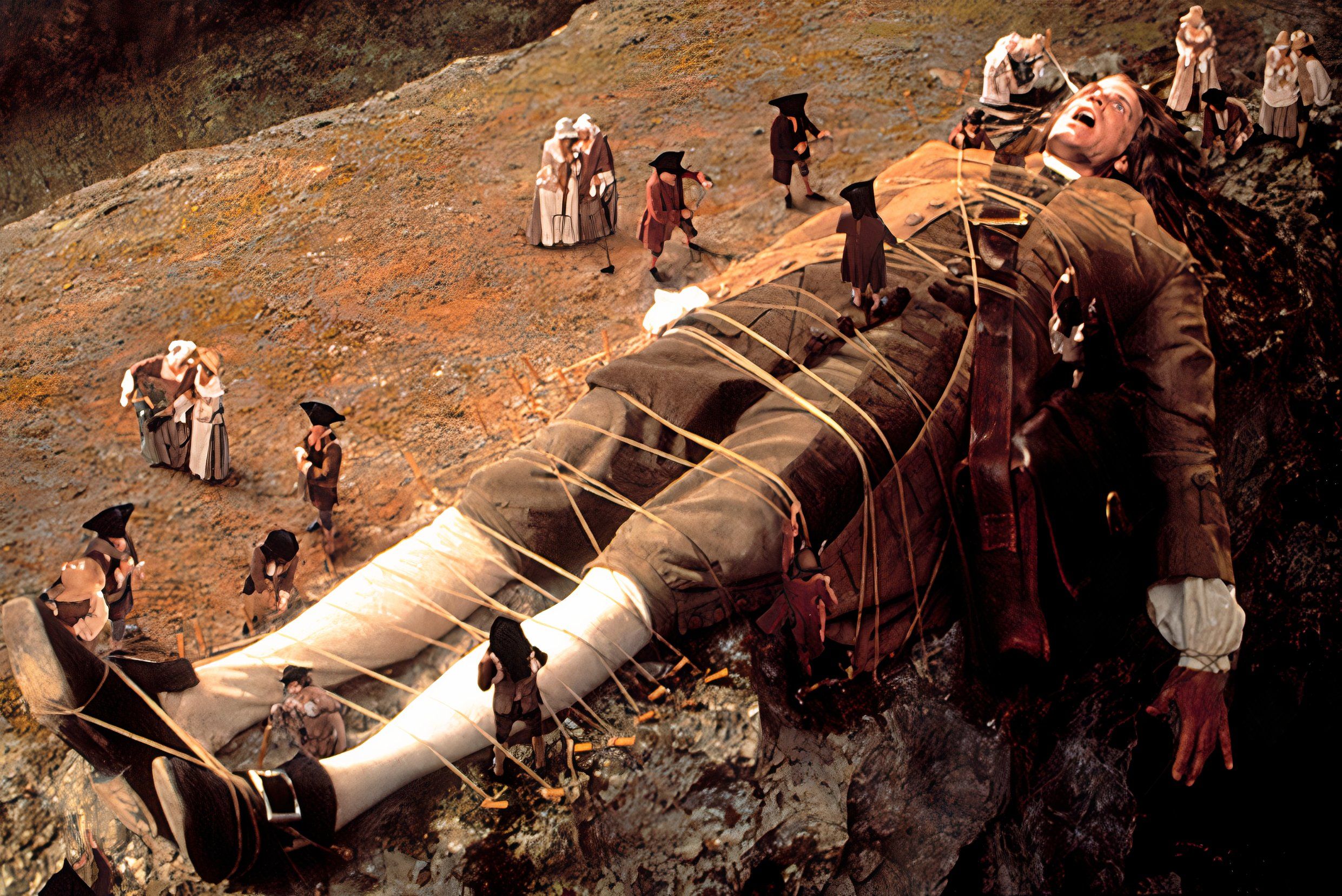 Gulliver tied up by the Lilliputians