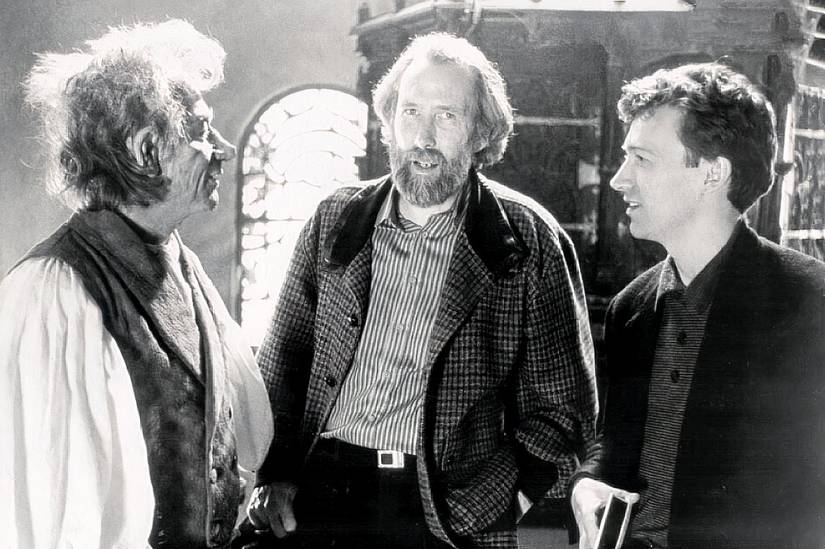 Jim Henson, John Hurt, Duncan Kenworthy on the set of The Storyteller