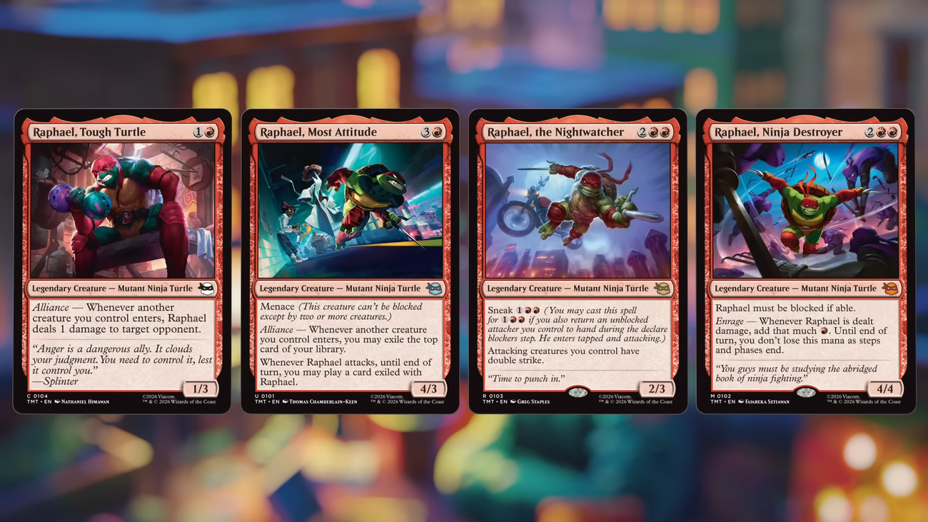 Four different Raphael cards from the TMNT Magic: The Gathering crossover