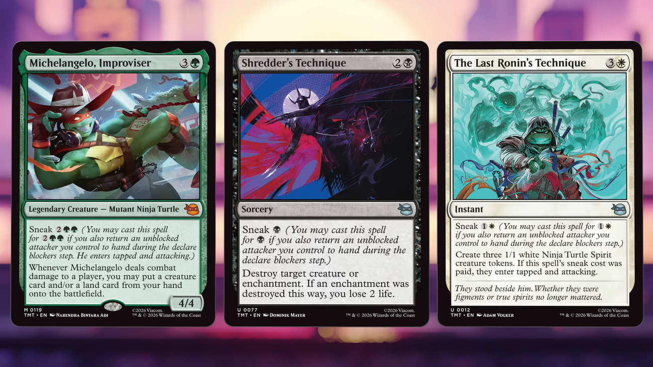 Three Magic: The Gathering cards featuring the sneak mechanic