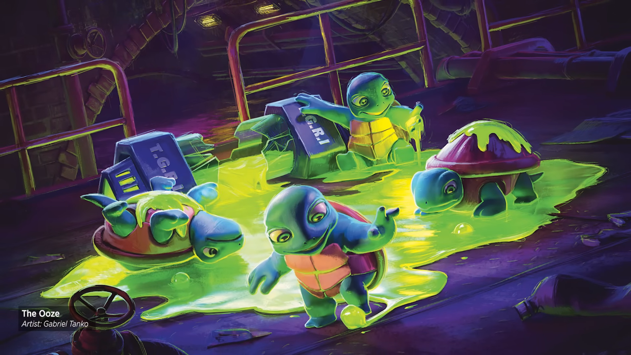 Art featuring four turtles rolling around in green ooze