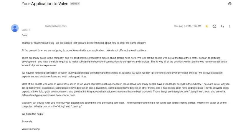 A personalized rejection letter from Valve to Liem Nguyen