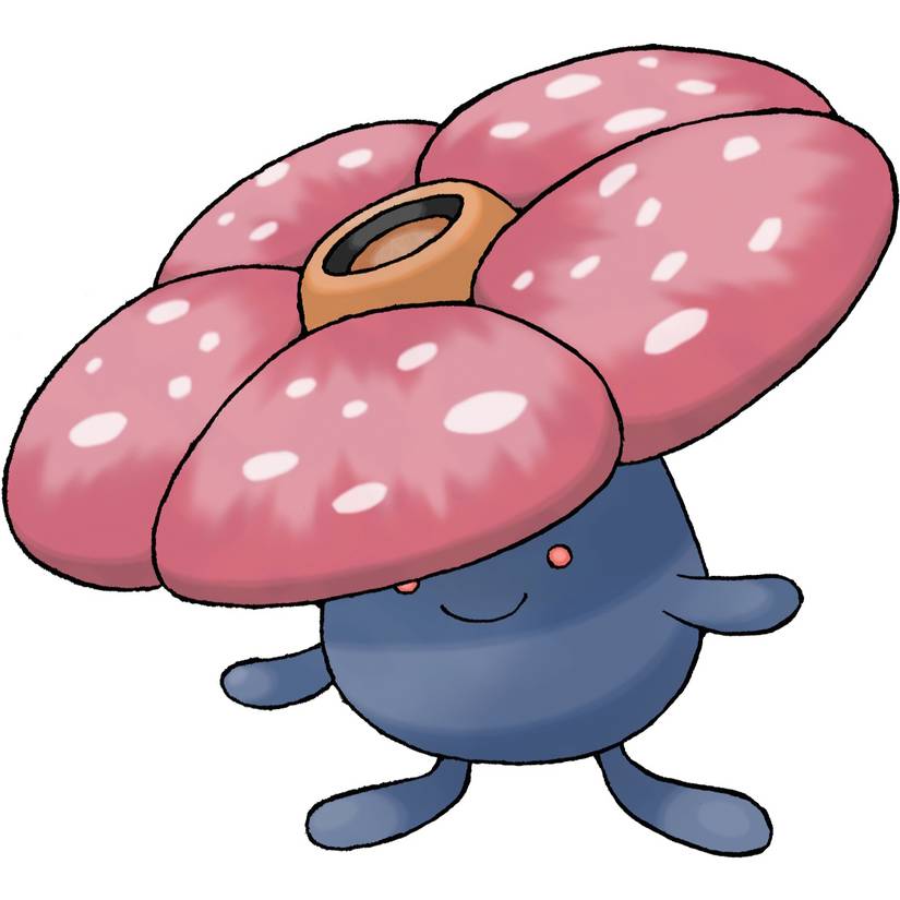 Vileplume in Pokemon Firered, a large round blue Pokemon with little blue knobs for hands and feet and a large pink rafflesia bloom on its head
