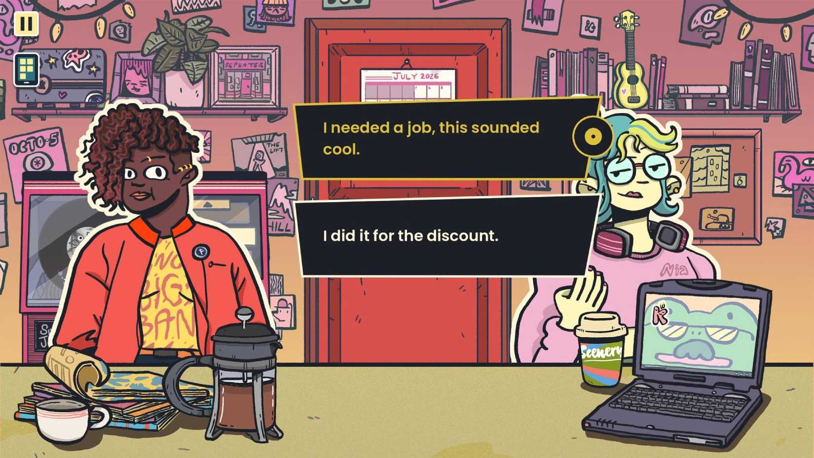 A screenshot of Wax Heads showing two dialogue options in the staff room.