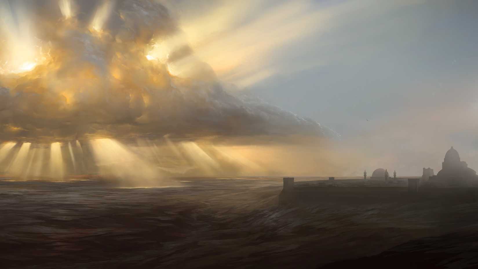 Glowing light comes from a large cloud over the ocean near a walled coastal city with domed buildings in art from Nimble.