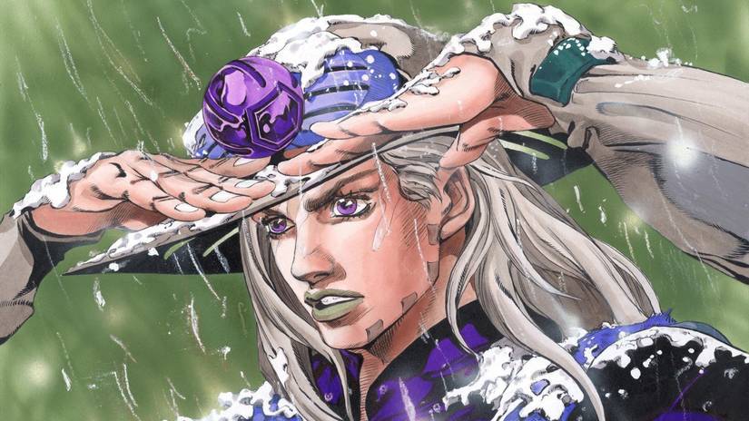 Gyro Zeppeli shielding himself from the rain and sleet in Steel Ball Run