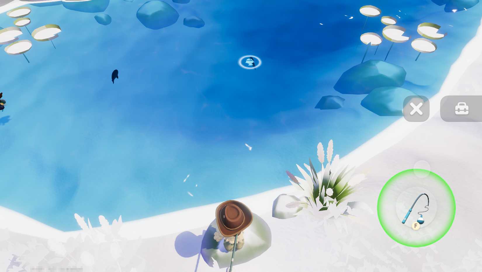 A character in Heartopia casts a fishing line out far to reach a shadow