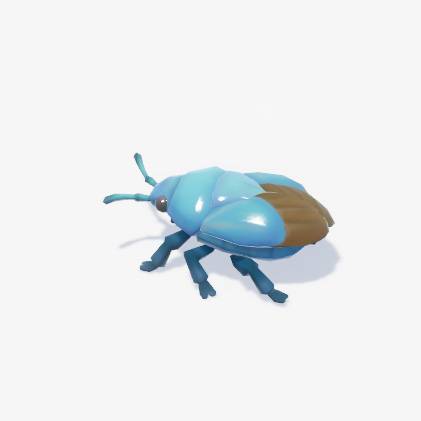 A shiny blue beetle with brown wing tips in Heartopia
