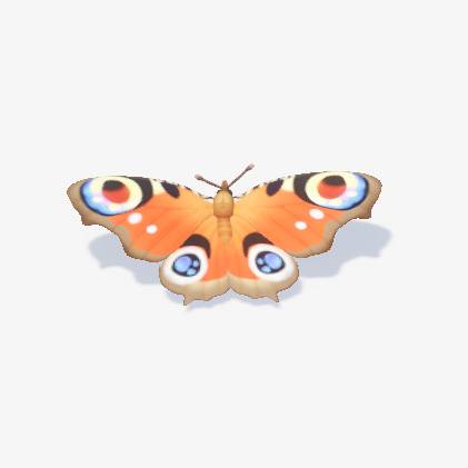 An orange-winged butterfly with eye-like brown, red, blue, and white markings in Heartopia.