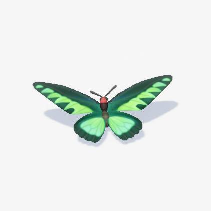 A dark butterfly with green markings and a red head in Heartopia.