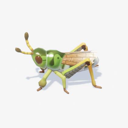 A dark green grasshopper with yellow legs in Heartopia.