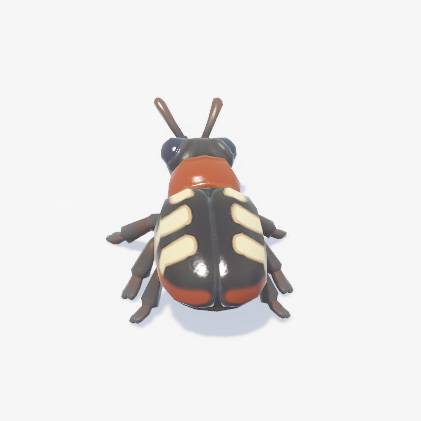A red-brown and dark brown beetle with white markings on its back in Heartopia