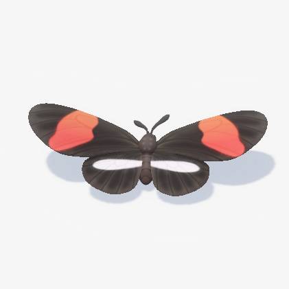 A black butterfly with red and white stripes on the wings in Heartopia.