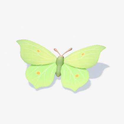 A neon green butterfly with orange spots on its wings in Heartopia.