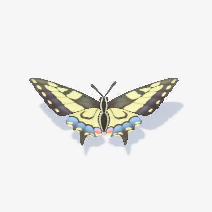 A classic yellow butterfly with black, red, and blue markings in Heartopia.