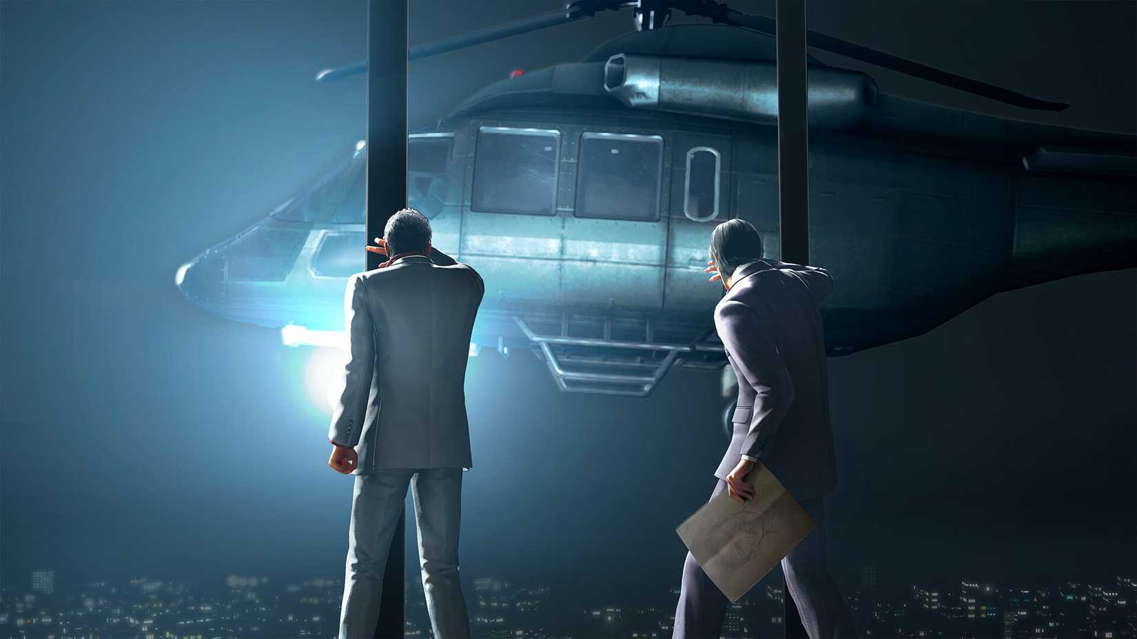 A helicopter hovers outside a window in Yakuza Kiwami 3.