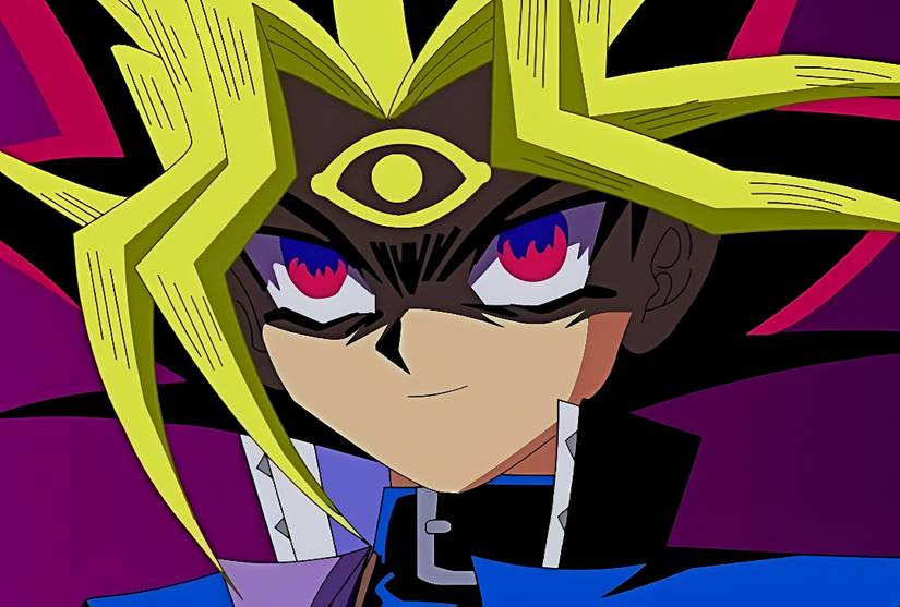 Yami Yugi stares ahead with a third eye etched on his forehead in Yu-Gi-Oh! Season 0