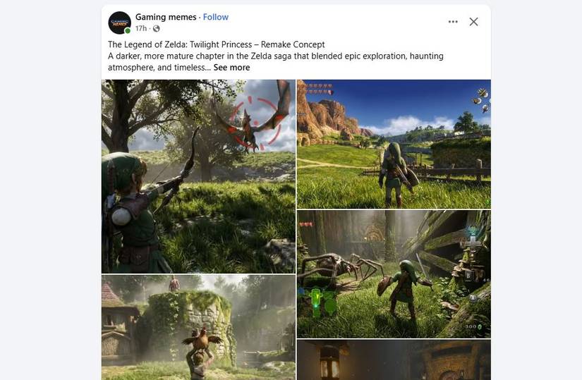 A post in a Facebook page shows images of a realistic Zelda: Twilight Princess remake.