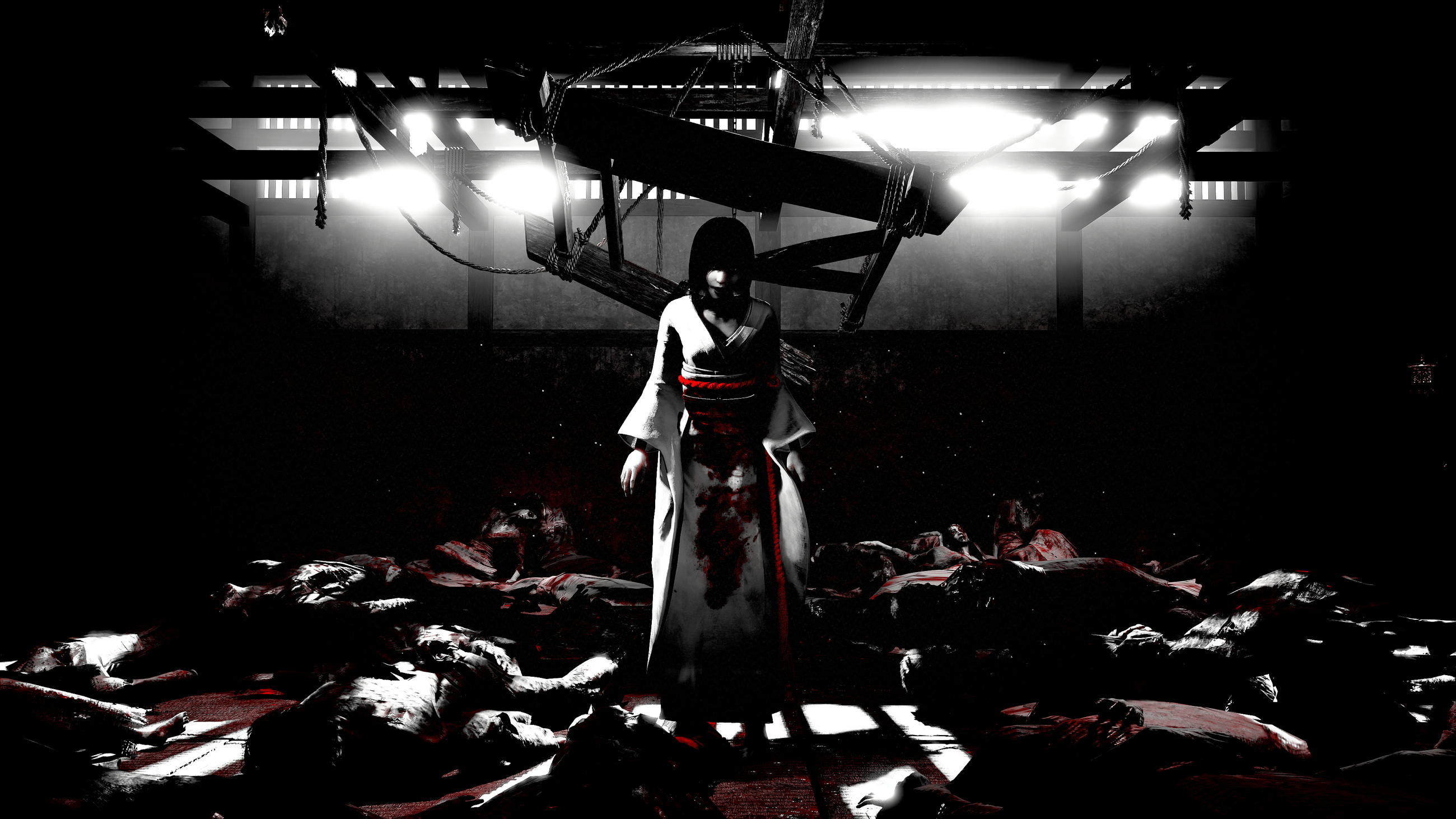 A spirit stands amid corpses in a dark room in Fatal Frame 2