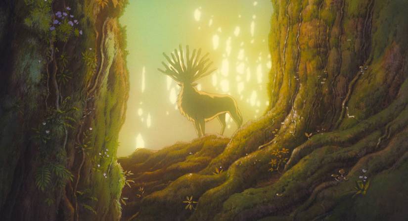O espírito da floresta semelhante a um cervo que vagueia pelas terras em Princesa Mononoke