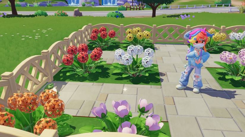 A character with rainbow hair poses in front of various colors of dandelions in Heartopia.