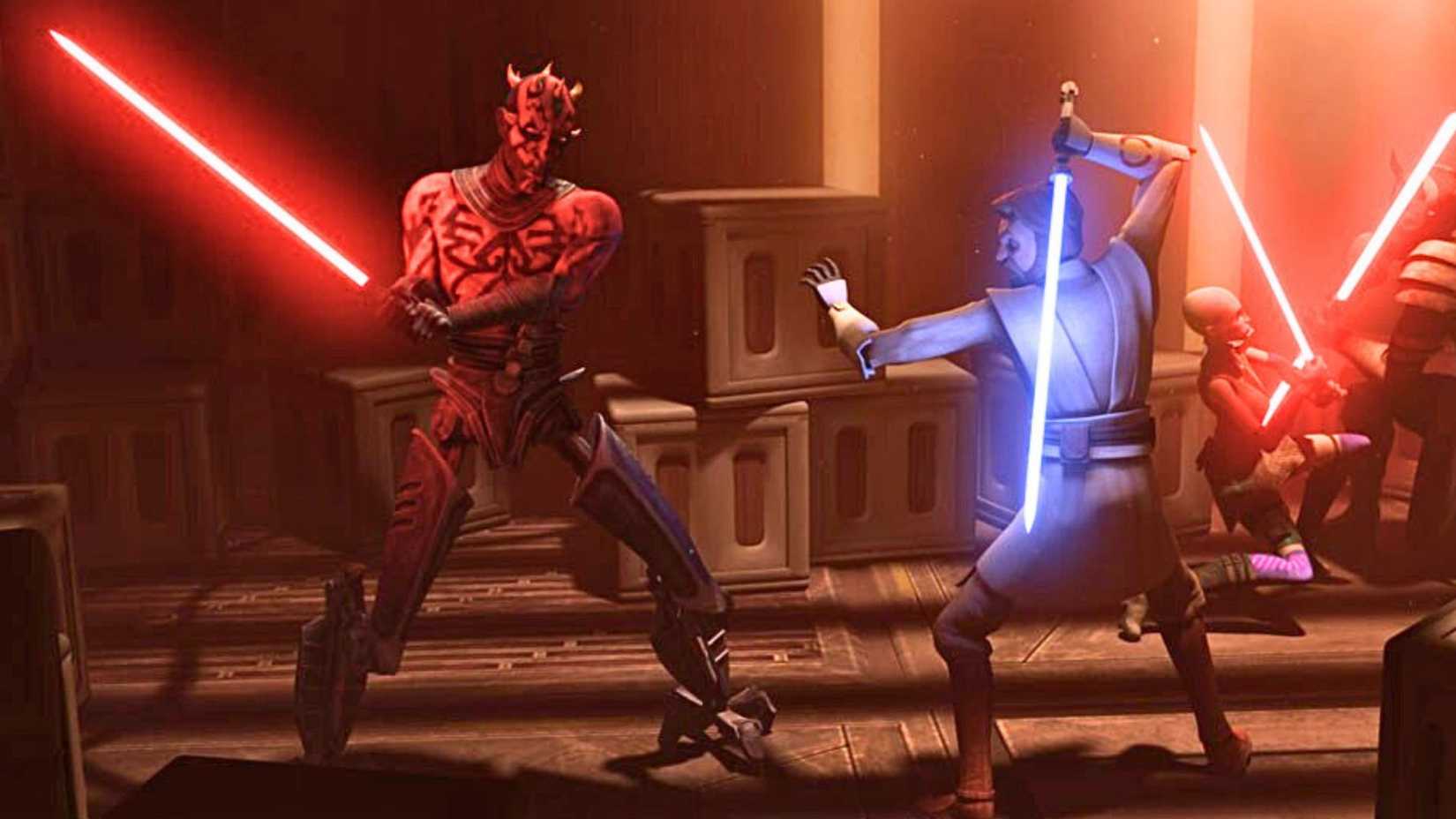 Image depicting Maul fighting Obi-Wan Kenobi in The Clone Wars.