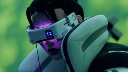 A close-up of Marathon's thief, with a purple lit visor in front of her eyes