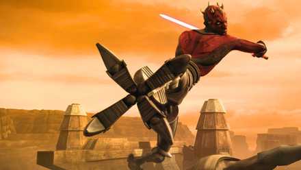 An image featuring Darth Maul from The Clone Wars. It shows him in the air, with vice-like grippy legs. He wields a red lightsaber and looks peeved.