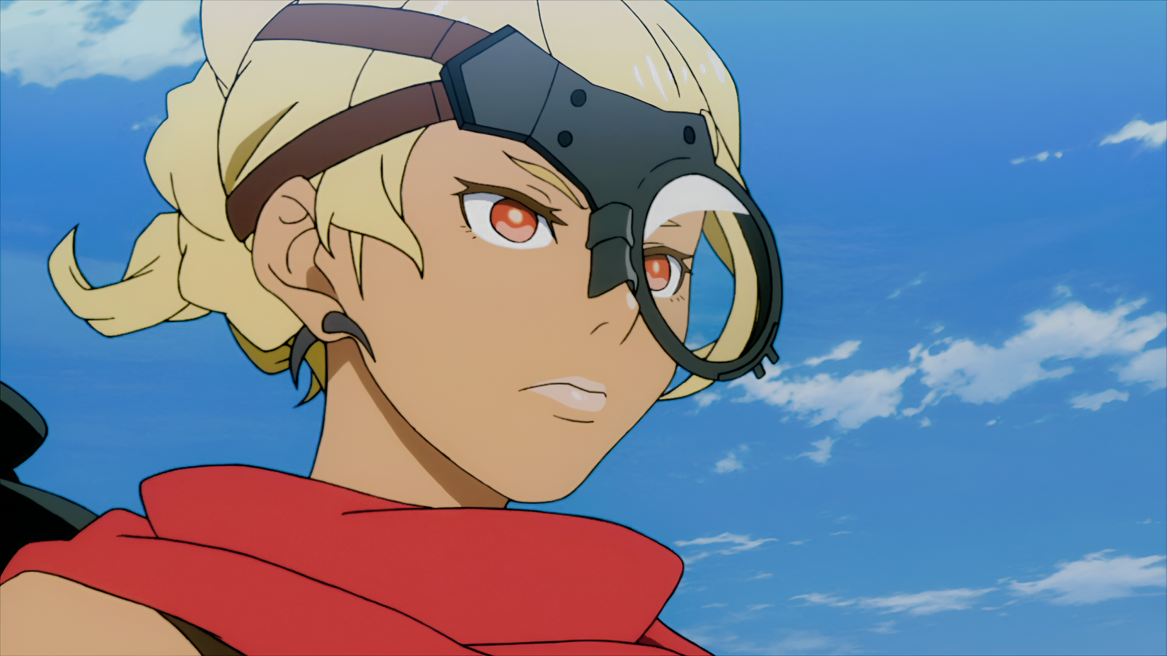 The close-up of a young girl with blonde hair and futuristic glasses in Deca-Dence