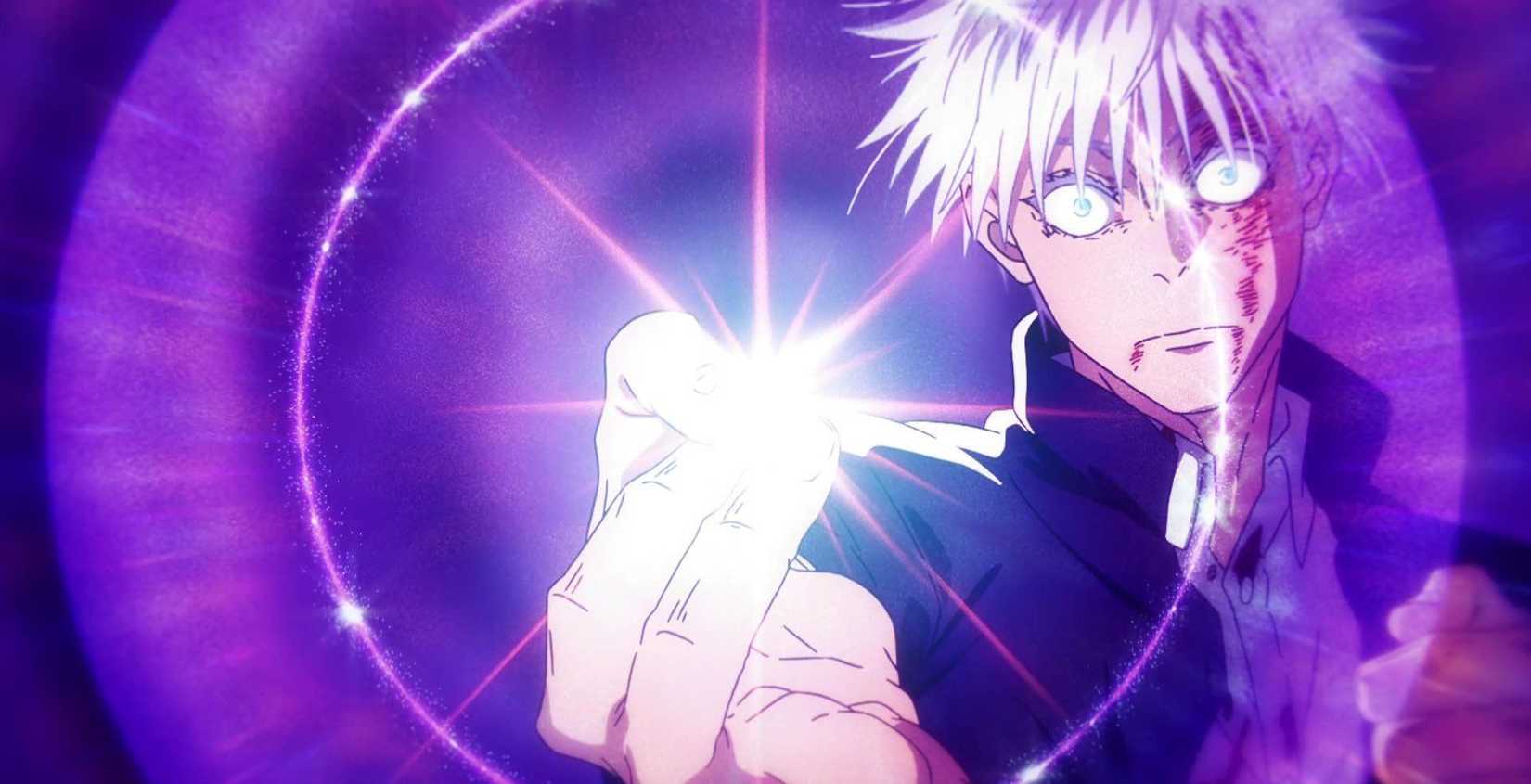 Gojo holds up his hand to trigger Hollow Purple in Jujutsu Kaisen