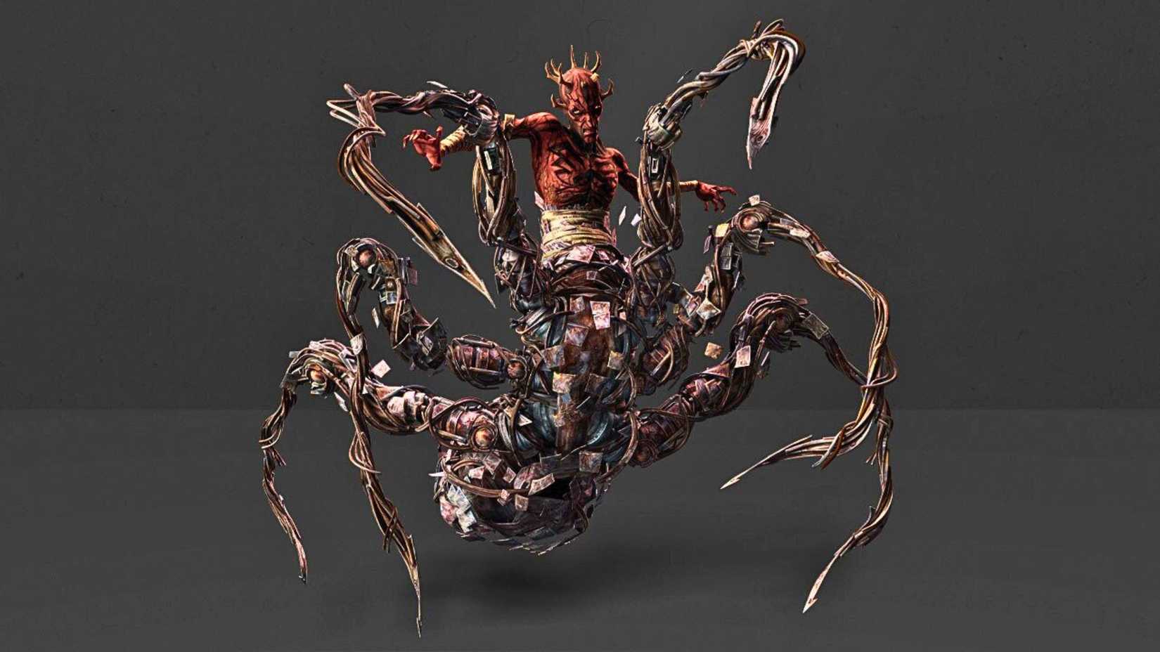 An image of Darth Maul from The Clone Wars. It shows Maul with six, silvery legs that resembles a spider.