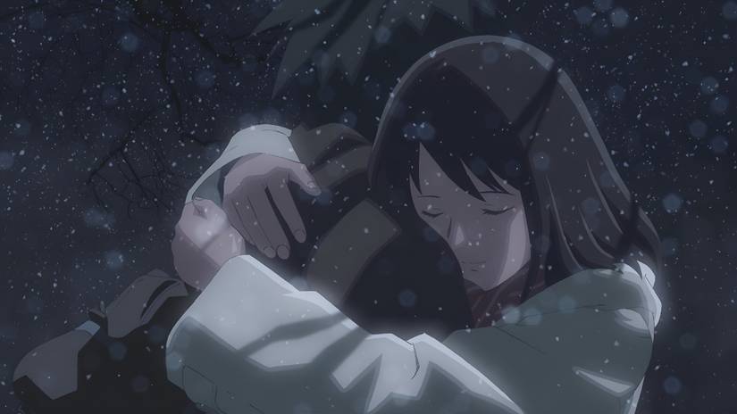 Two close friends hug during a snowstorm in 5 Centimeters Per Second