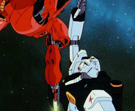 Char and Amuro battle each other inside their giant gundams in Char's Counterattack