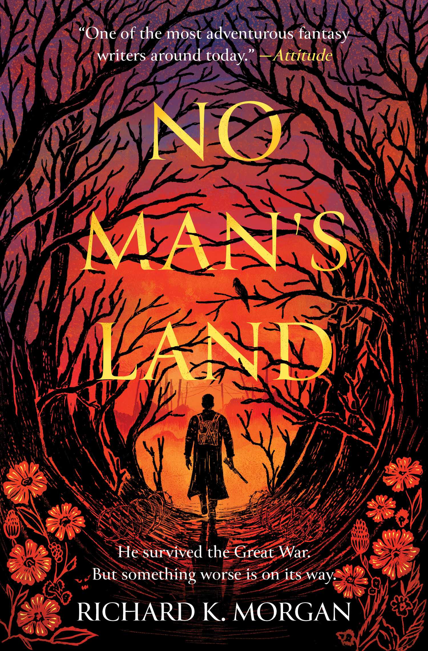 A man wearing a trenchcoat and holding a gun walks through a forest in the cover art for No Man's Land